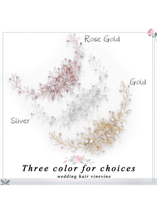 Unicra Bride Flower Wedding Hair Vine Crystal Bridal Hair Piece Rhinestone Party Hair Accessories Leaf Hair Jewelry Bead Headpiece for Women and Girls (Gold) - Image 2
