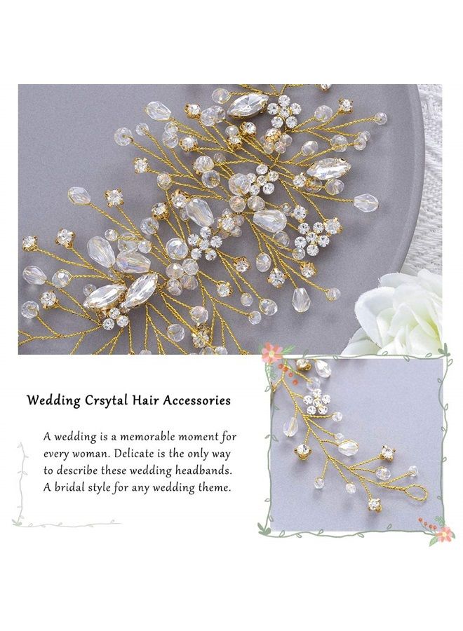 Unicra Bride Flower Wedding Hair Vine Crystal Bridal Hair Piece Rhinestone Party Hair Accessories Leaf Hair Jewelry Bead Headpiece for Women and Girls (Gold) - Image 4