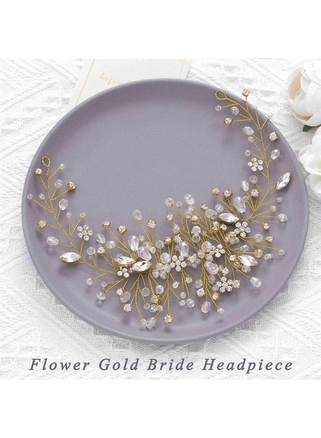 Unicra Bride Flower Wedding Hair Vine Crystal Bridal Hair Piece Rhinestone Party Hair Accessories Leaf Hair Jewelry Bead Headpiece for Women and Girls (Gold) - Image 3