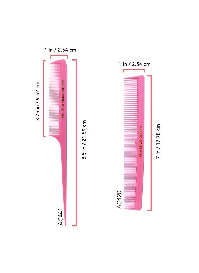 Allegro Combs Rubber Hair Styling Combs Set For Men, Women, Kids - Includes Rat Tail Comb And Barber Comb, Fresh Pink, 2 Count 