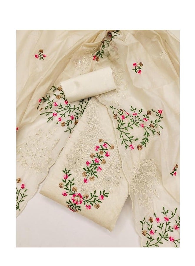 Accessorize Kingdom Women's Heavy Cotton Thread & Sequence Embroidery Work Unstitched Salwar Suit Dress Material With Chanderi Sequence Work Dupatta  - Image 3
