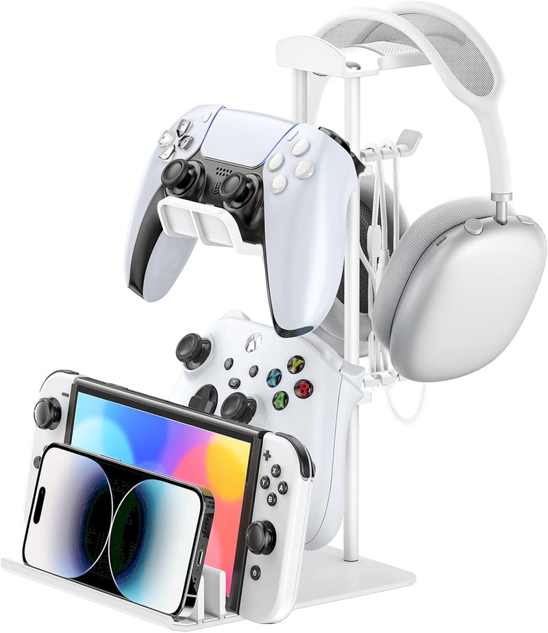 KDD Headphone Stand, Game Controller Holder & Headset Stand for Desk, Earphone Stand with Aluminum Supporting Bar, Universal Storage Organizer Headphones/Controller/Switch/iPad/Mobile phone(White) - Image 1