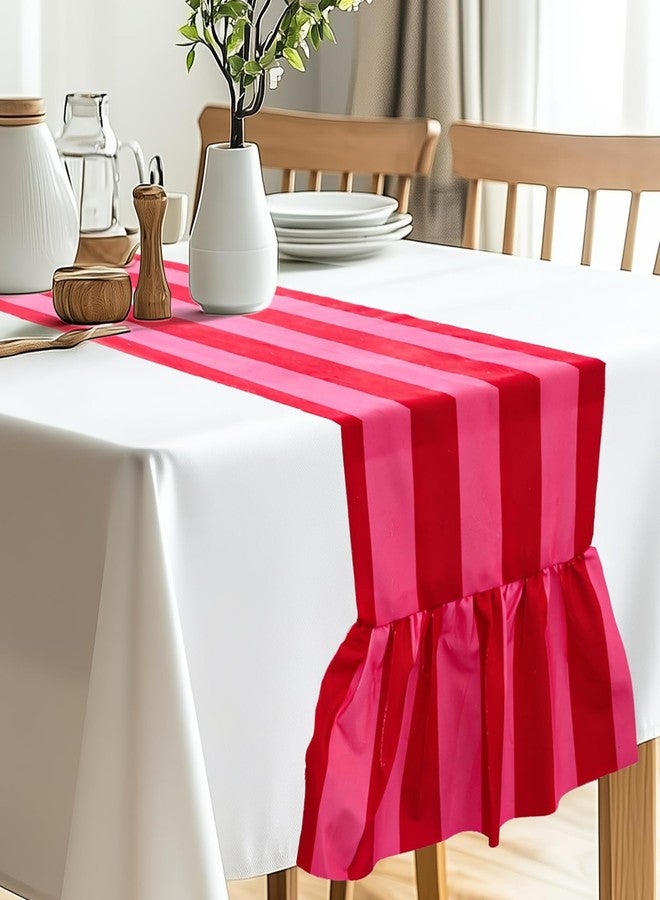 JarThenaAMCS مفرش طاولة مخملي مكشكش من جارثينا إيه إم سي إس، بتصميم بوهيمي، باللونين الوردي والأحمر المخططين، مستطيل الشكل، لتزيين طاولة المطبخ أو غرفة الطفل أو حفل زفاف أو حفلة استقبال مولود جديد، مقاس 12 × 71 بوصة. - Image 5