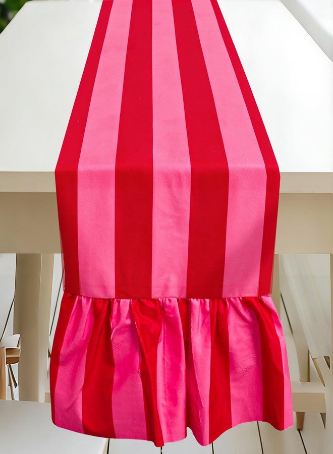 JarThenaAMCS مفرش طاولة مخملي مكشكش من جارثينا إيه إم سي إس، بتصميم بوهيمي، باللونين الوردي والأحمر المخططين، مستطيل الشكل، لتزيين طاولة المطبخ أو غرفة الطفل أو حفل زفاف أو حفلة استقبال مولود جديد، مقاس 12 × 71 بوصة. - Image 1