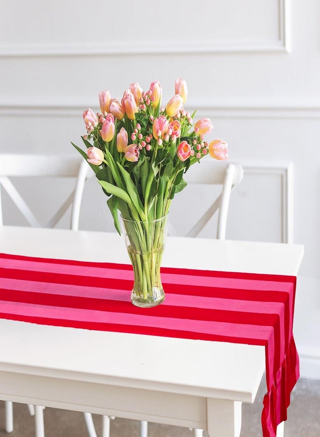 JarThenaAMCS مفرش طاولة مخملي مكشكش من جارثينا إيه إم سي إس، بتصميم بوهيمي، باللونين الوردي والأحمر المخططين، مستطيل الشكل، لتزيين طاولة المطبخ أو غرفة الطفل أو حفل زفاف أو حفلة استقبال مولود جديد، مقاس 12 × 71 بوصة. - Image 3