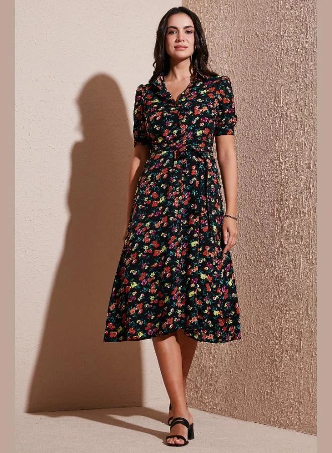 Lela Lela Patterned Regular Fit Slit Midi Length Belted Shirt Dress Women's DRESS 6782106