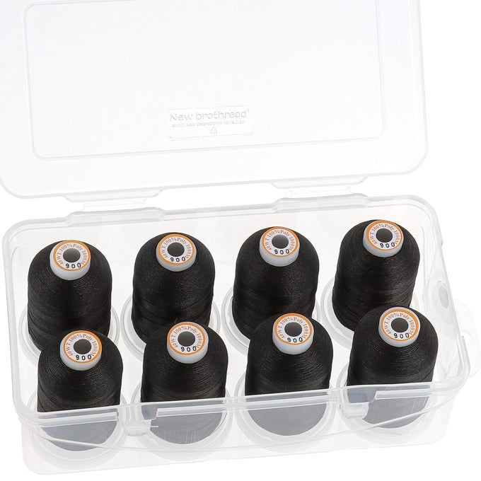 POLYESTER EMBROIDERY MACHINE THREAD 1000M EACH WITH CLEAR PLASTIC STORAGE BOX FOR EMBROIDERY QUILTING 8XBLACK