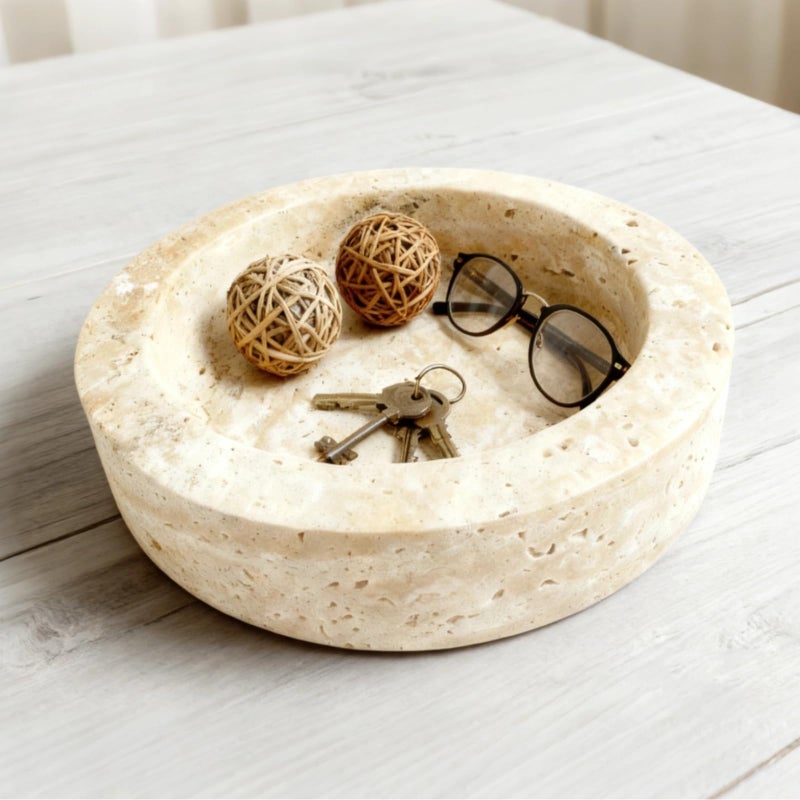 Neeenn Natural Travertine Decorative Bowl, 7.87" x 2.16" Round Stone Fruit Bowl for Kitchen Counter, Modern Marble Key Bowl for Entryway Table, Stone Catchall Tray for Jewelry, Candy, Home Decor Centerpiece - Image 1