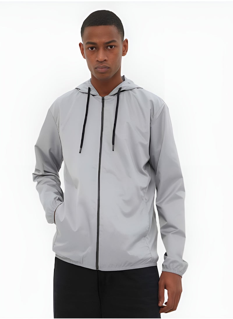 trendyol Grey Regular Fit Hooded Printed Thin Seasonal Windbreaker Jacket Coat TMNSS22MO0107  - Image 1