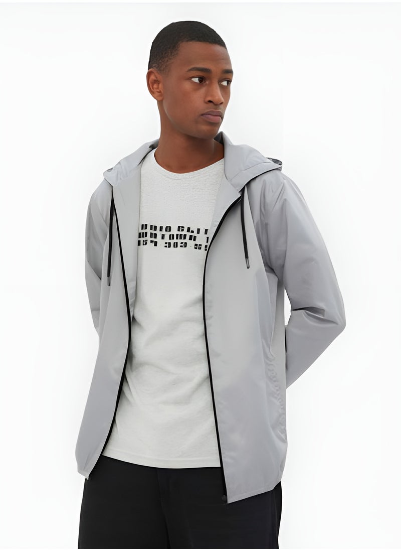 trendyol Grey Regular Fit Hooded Printed Thin Seasonal Windbreaker Jacket Coat TMNSS22MO0107  - Image 2