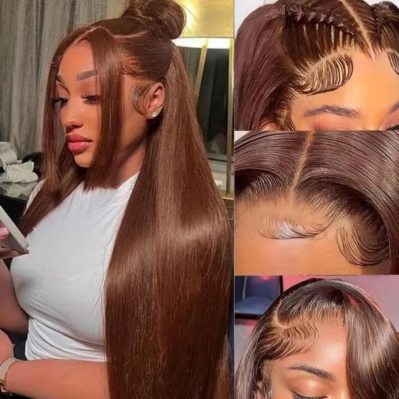 ANDRIA 28 Inches Chocolate Brown 13x6 HD Lace Front Wigs Brown Straight Preplucked Glueless Lace Frontal Wigs Synthetic Heat Resistant Hair Wig With Baby Hair Natural Hairline Lace Wigs for Women