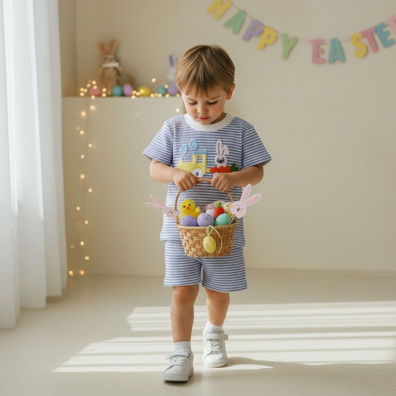 BemeyourBBs Toddler Baby Boy Easter Outfit Graph Short Sleeve T Shirt Elastic Waist Pockets Shorts Set 2 Piece Clothes Tractor Bunny Striped blue, 12-18 Months - Image 2