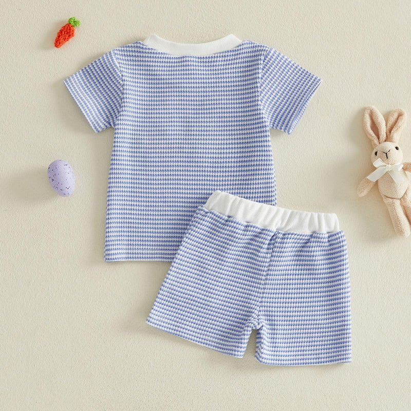 BemeyourBBs Toddler Baby Boy Easter Outfit Graph Short Sleeve T Shirt Elastic Waist Pockets Shorts Set 2 Piece Clothes Tractor Bunny Striped blue, 12-18 Months - Image 5