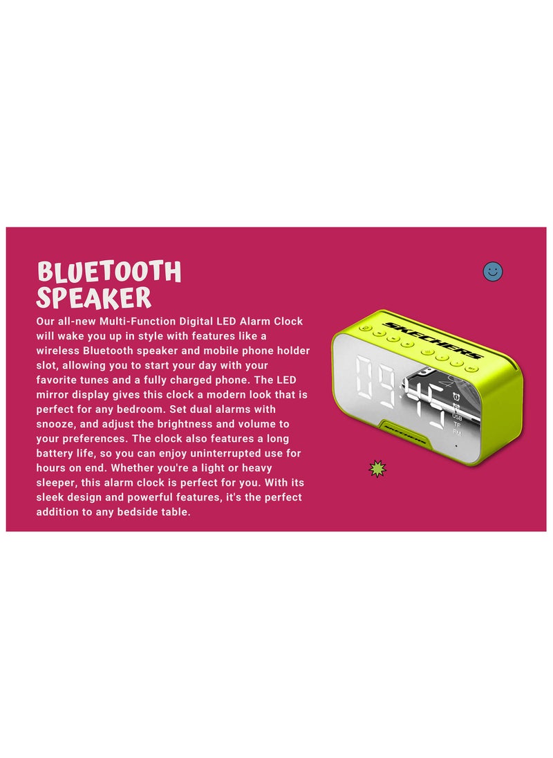Skechers Kids Bluetooth Speaker with Multi-Function LED Alarm Clock - Wireless, Dual Alarms, Mobile Phone Holder, and Long Battery Life