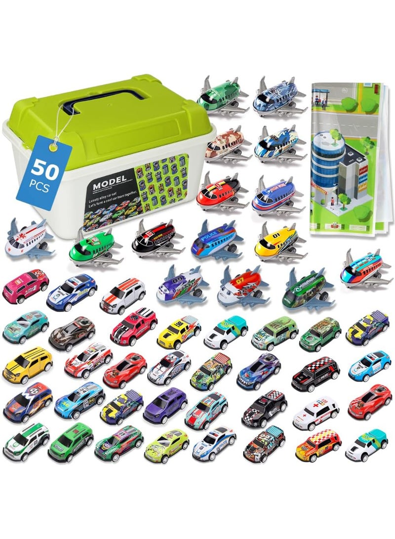 50 Pcs Pull Back Toy Cars Airplanes with Storage Box and Map, Alloy Mini Race Push and Pull Back Cars Planes Vehicles Toys for Kids, Party Favors Suitable for 3+ Years Old Kids Boys Girls Gift - Image 1