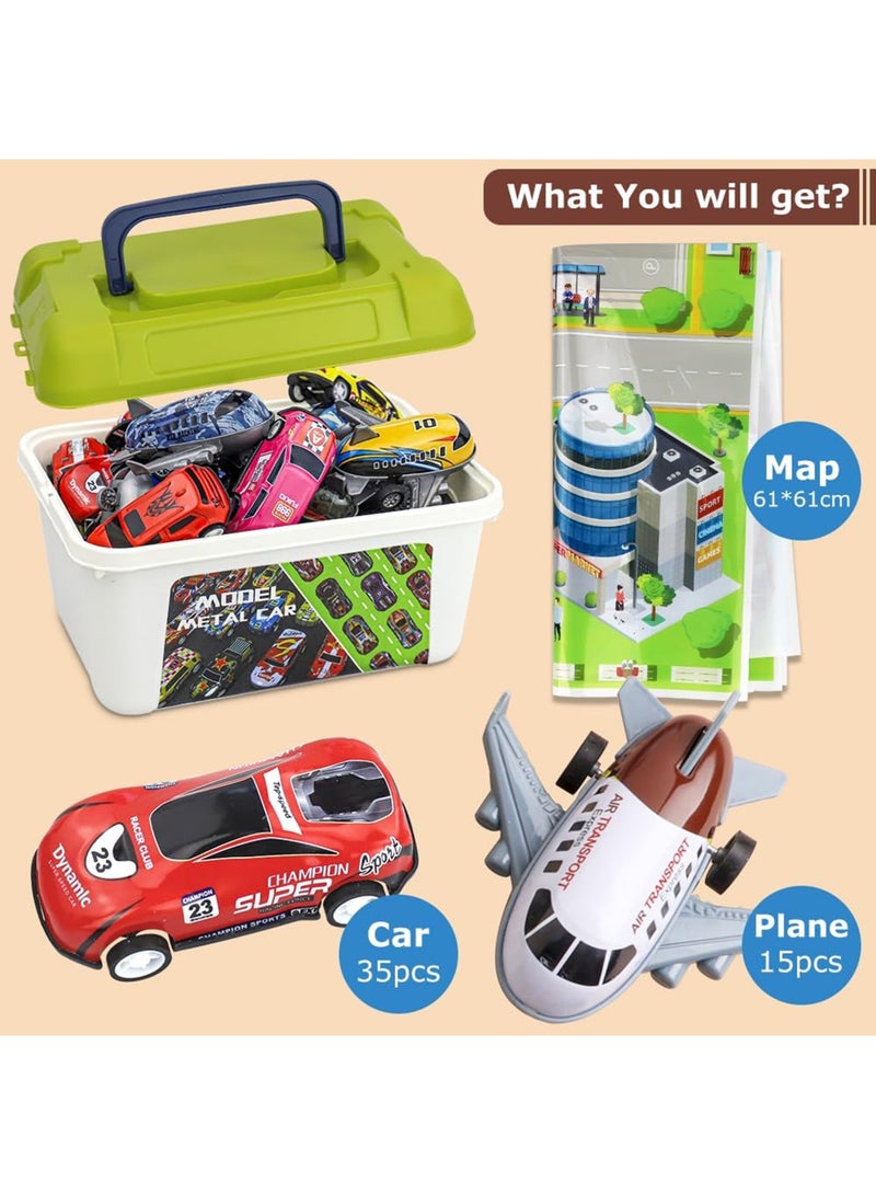 50 Pcs Pull Back Toy Cars Airplanes with Storage Box and Map, Alloy Mini Race Push and Pull Back Cars Planes Vehicles Toys for Kids, Party Favors Suitable for 3+ Years Old Kids Boys Girls Gift - Image 2