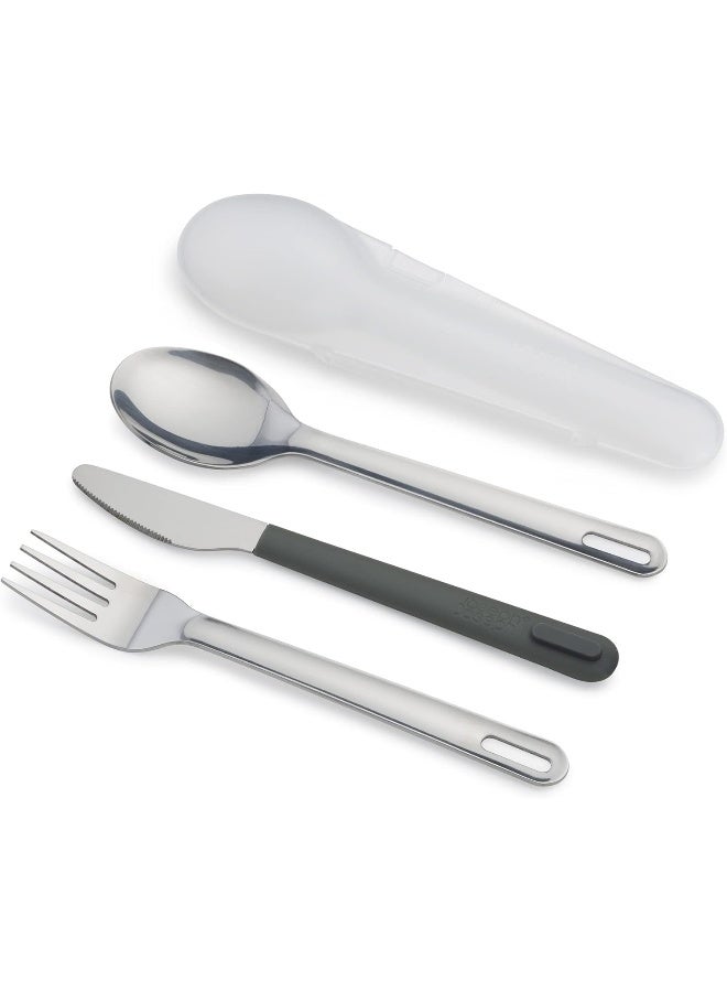 Joseph Joseph GoEat - On the Go Stainless-Steel Travel Cutlery Set for 1, Reusable Knife, Fork and Spoon Set with case for Lunch Box, Camping, Outdoor, Grey - Image 1