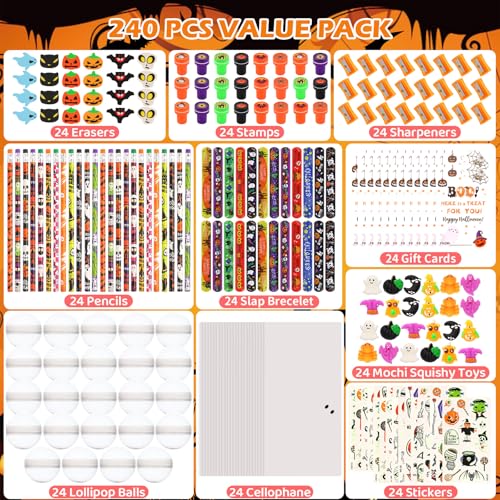 LiYiQ 24Pack Halloween Party Favors Halloween Classroom Gifts Giant Lollipop Gifts for Birthday Party with Gift Cards Pencils Erasers Stickers Sharpener for Classroom Exchange Party Gift - Image 5