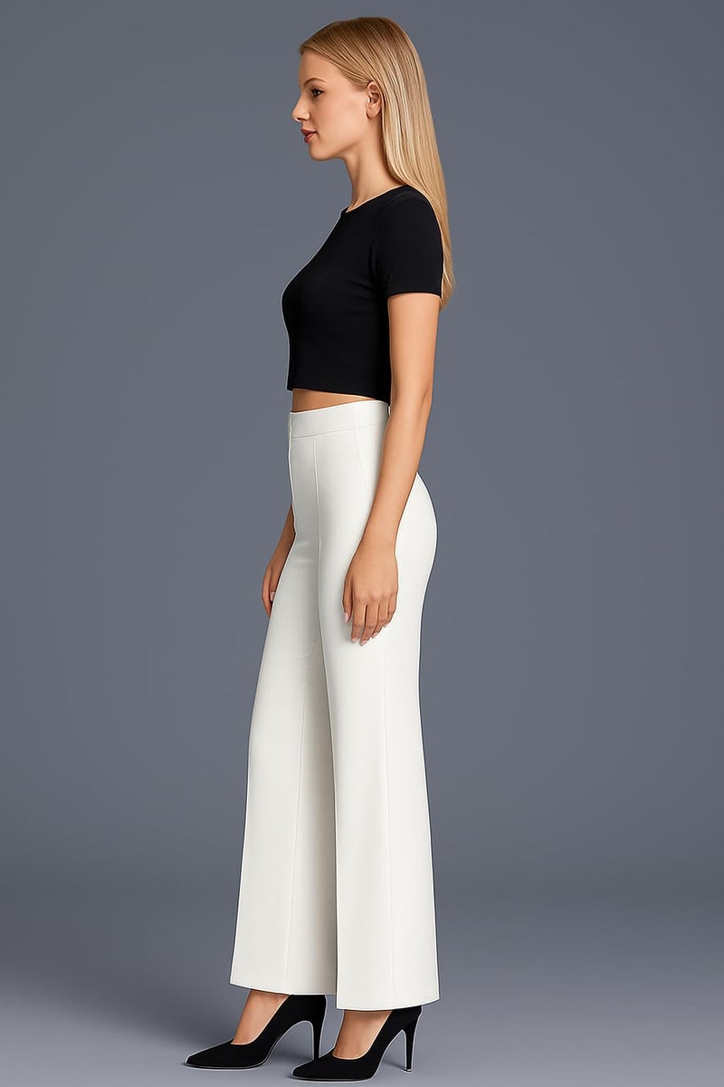 SWADESI STUFF Women’s High Waisted Bell Bottom Pants | Retro Wide Leg Trousers | Stretchy Flared Palazzo Pants for Office, Casual Wear & Party (in, Alpha, M, Regular, White) - Image 3