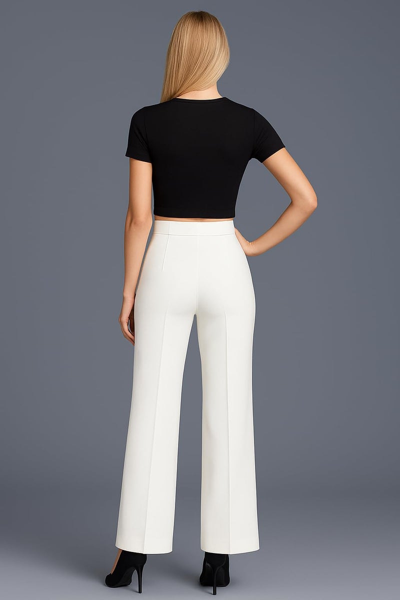 SWADESI STUFF Women’s High Waisted Bell Bottom Pants | Retro Wide Leg Trousers | Stretchy Flared Palazzo Pants for Office, Casual Wear & Party (in, Alpha, M, Regular, White) - Image 4