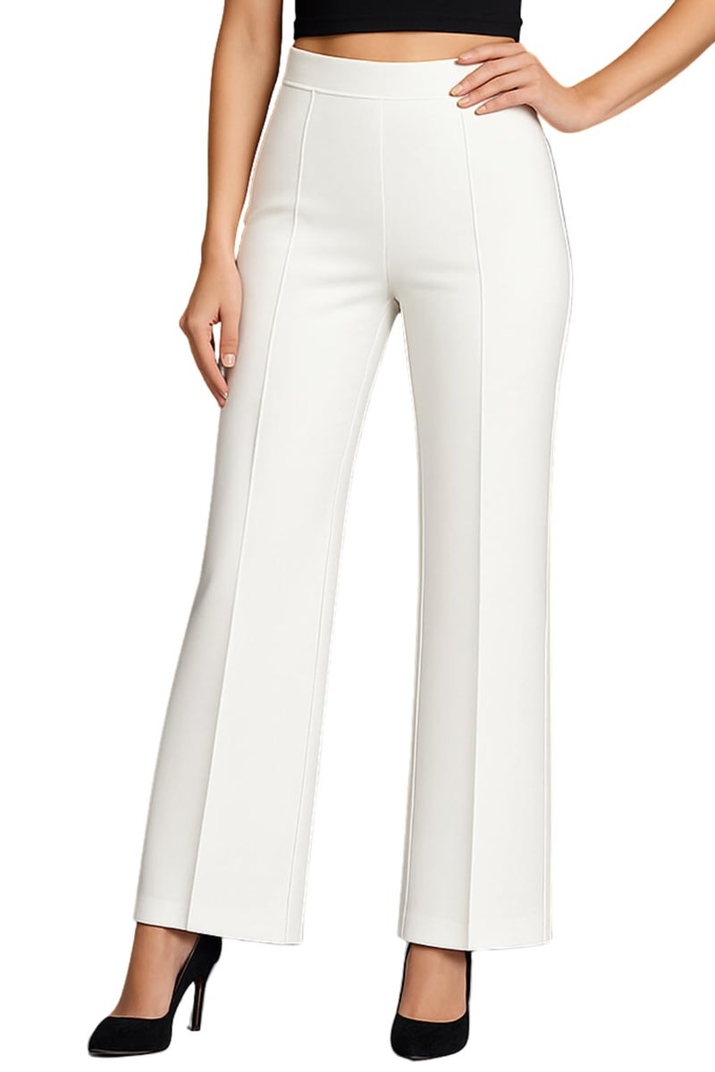 SWADESI STUFF Women’s High Waisted Bell Bottom Pants | Retro Wide Leg Trousers | Stretchy Flared Palazzo Pants for Office, Casual Wear & Party (in, Alpha, M, Regular, White) - Image 1