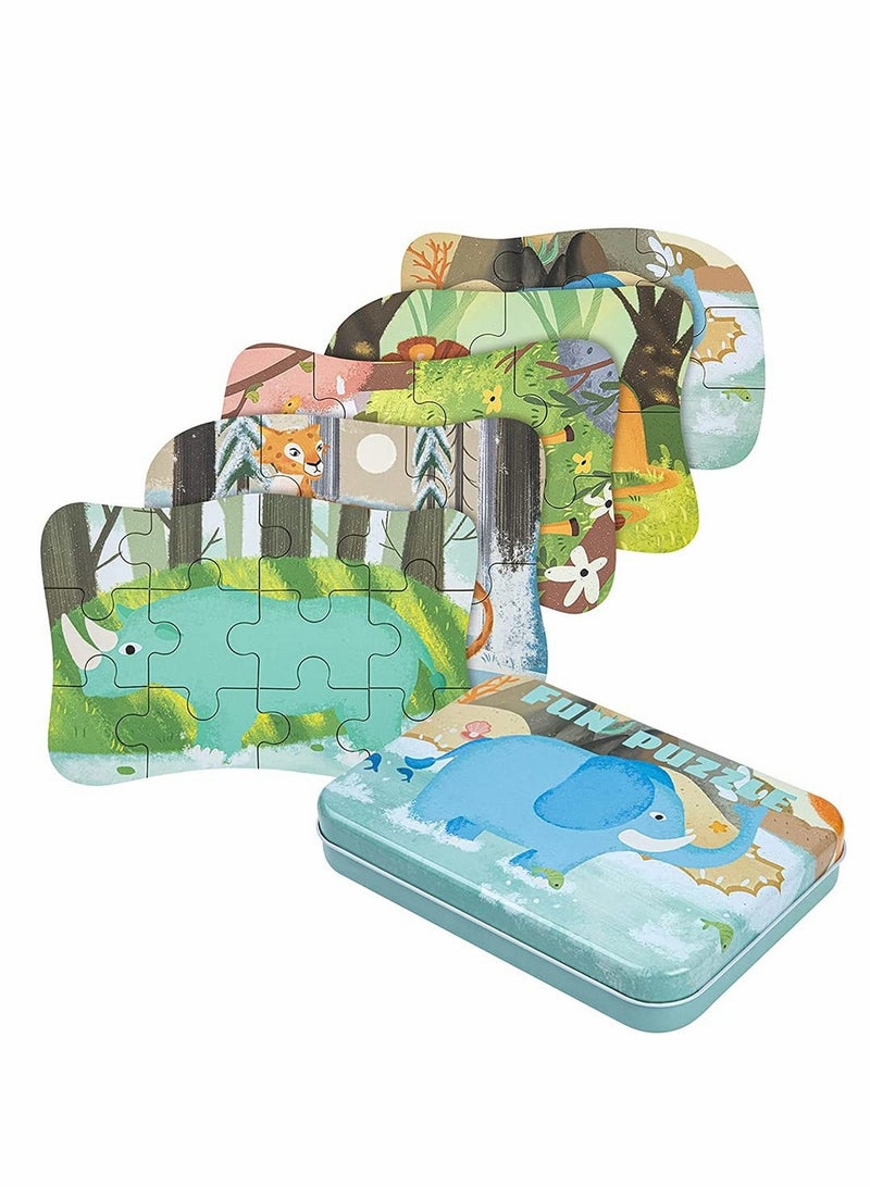 Animal Puzzles, for 3 4 5 6-Year-Olds, 5-in-1 Jigsaw Puzzles with Iron Box for Storage, Puzzle Toys Gifts for Boys, Girls, Kids, and Children(Animal Puzzles) - Image 1