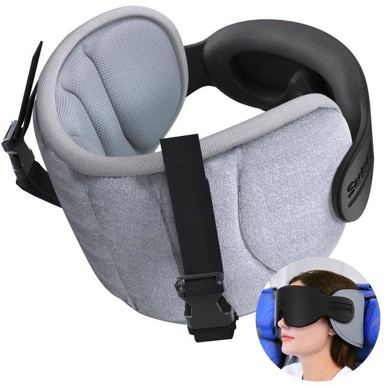 SARISUN Travel Pillow for Airplanes Airplane Pillow for Long Flight Neck Pillow with Eye Mask for Sleeping Portable Travel Pillow for Car Road Trip Headrest Stop Bobblehead Grey