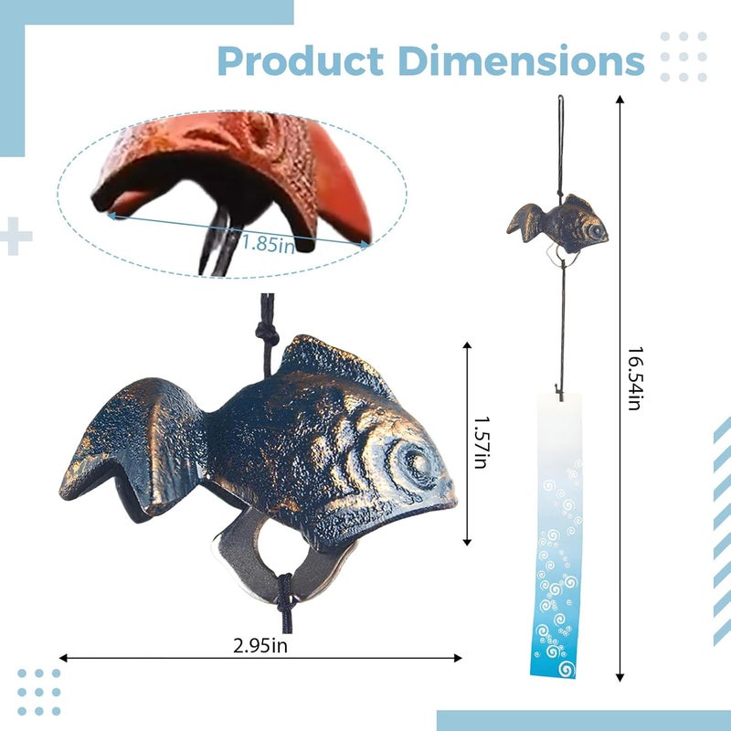 Japanese Goldfish Wind Chimes, 2 Pcs, Iwate Cast Iron, 3 X 1.9 X 1.6 in Temple Wind Bell, for Garden Patio Balcony, with Auspicious Fish - Image 2