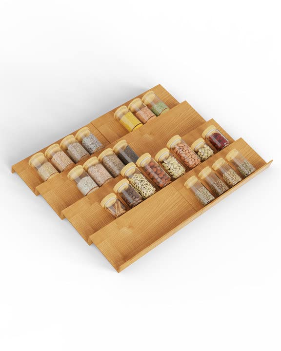Mugath Wooden Spice Drawer Organizer 8 Pcs Interlocking Expandable Seasoning Rack Tray Insert for Kitchen Drawers Spice Rack Drawer for Spice Jars - Image 2