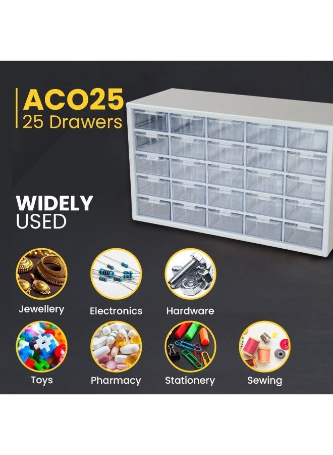 Alkon Plastic Component Organizer with 25 Drawers ACO 25 Small Parts Storage Unit | Organization Cabinet | Office Supplies | Stationary | Nuts, Screws & Bolts | Small Hardware | Workshop & Garage | DIY | Hobbies | Crafts | LEGO | Toys | Collectables | Sewing | Jewellery | Pharmacy | Medicine | Clinic | Hospital | Shop | Mobile | Electronics | Cables - Image 4