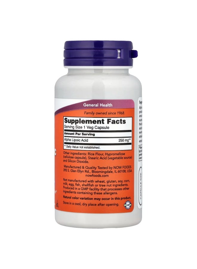 now Alpha Lipoic Acid, 250 mg, 60 Veg Capsules - Image 2