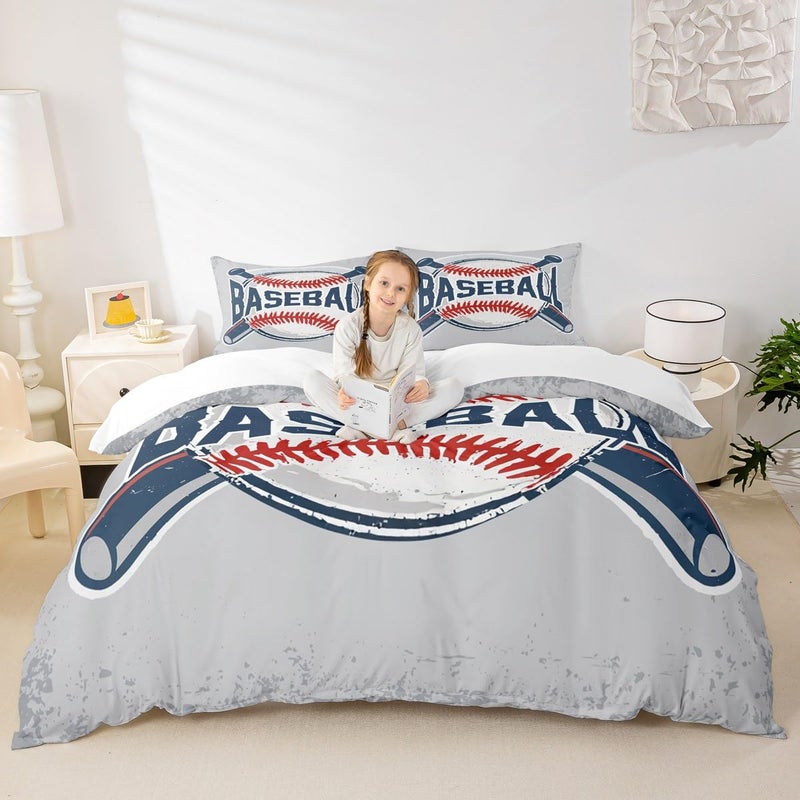 Homewish Sports Themed Bedding Set 3pcs for Kids Boys Teens Vintage Sports Baseball Comforter Cover Soft Polyester Duvet Cover Set with Zipper Ties (1 Duvet Cover + 2 Pillow Cases),Queen Size