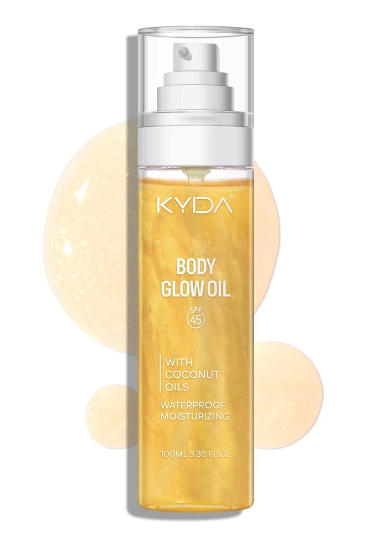 KYDA KYDA Body Glow Oil, SPF 45 Broad Spectrum, Sunscreen Body Oil with Gold Mica, Moisturizing Coconut, Lightweight Glow Skin Moisturizer, Water Resistant, 3.38 fl oz, GOLD  - Image 1