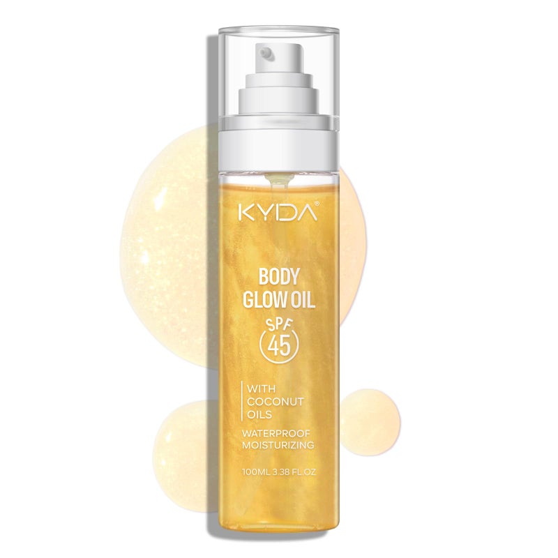 KYDA Body Glow Oil, SPF 45 Broad Spectrum, Sunscreen Body Oil with Gold Mica, Moisturizing Coconuts Summer Sunscreen, Water Resistant Glow Skin Moisturizer, 3.38 fl oz, GOLD - Image 1