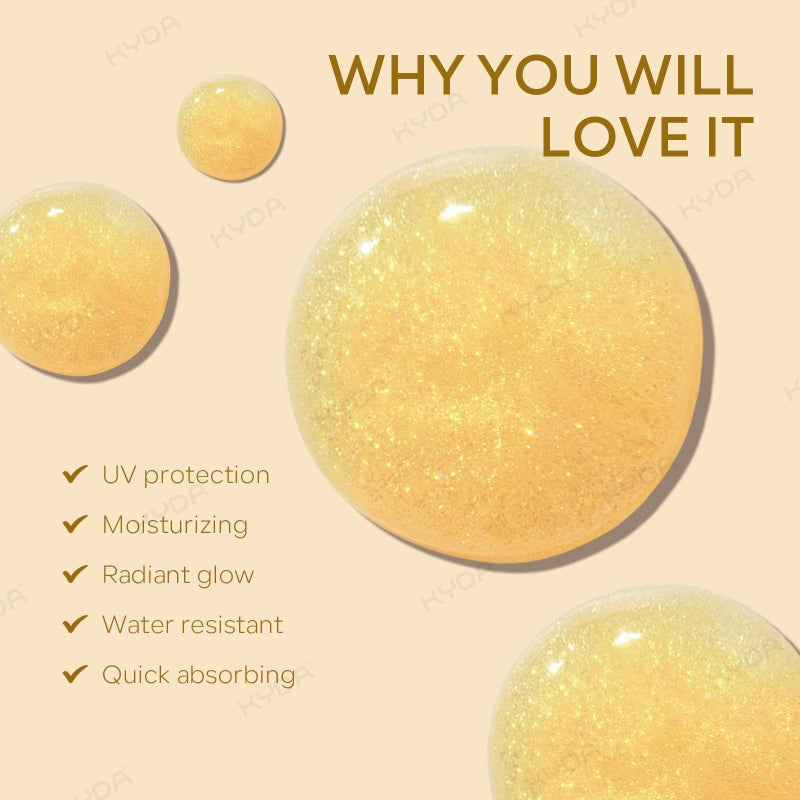 KYDA Body Glow Oil, SPF 45 Broad Spectrum, Sunscreen Body Oil with Gold Mica, Moisturizing Coconuts Summer Sunscreen, Water Resistant Glow Skin Moisturizer, 3.38 fl oz, GOLD - Image 4
