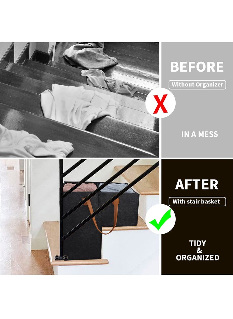 Stair Basket with Leather Handle for Carpeted Stairs, Staircase Basket with Collapsible Baffle for 16’’ wooden stairs, Foldable Basket Organizer for Office Home stairway in tidy and Storage