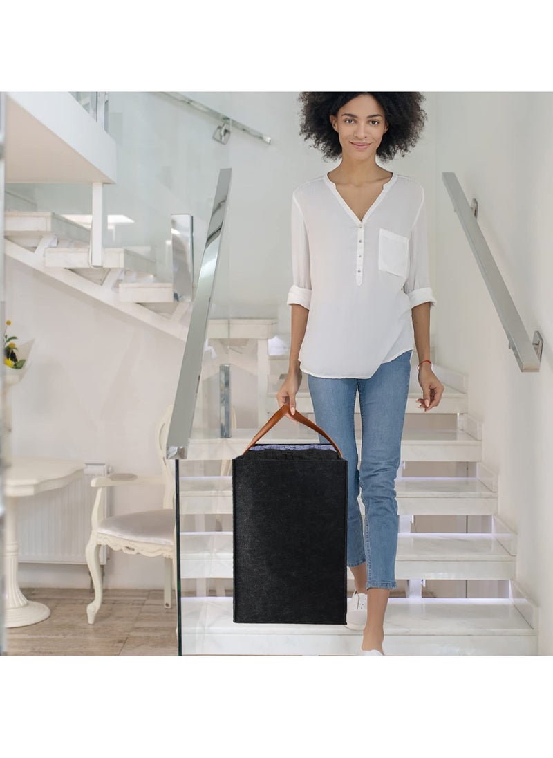 Stair Basket with Leather Handle for Carpeted Stairs, Staircase Basket with Collapsible Baffle for 16’’ wooden stairs, Foldable Basket Organizer for Office Home stairway in tidy and Storage