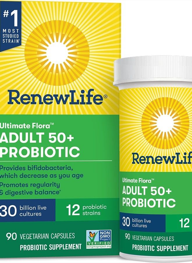 Renew Life Adult Probiotics 50+, 30 Billion CFU Guaranteed, Probiotic Supplement for Digestive & Immune Health, Shelf Stable, Gluten Free, Extra Care, For Men & Women, 90 Capsules - Image 1