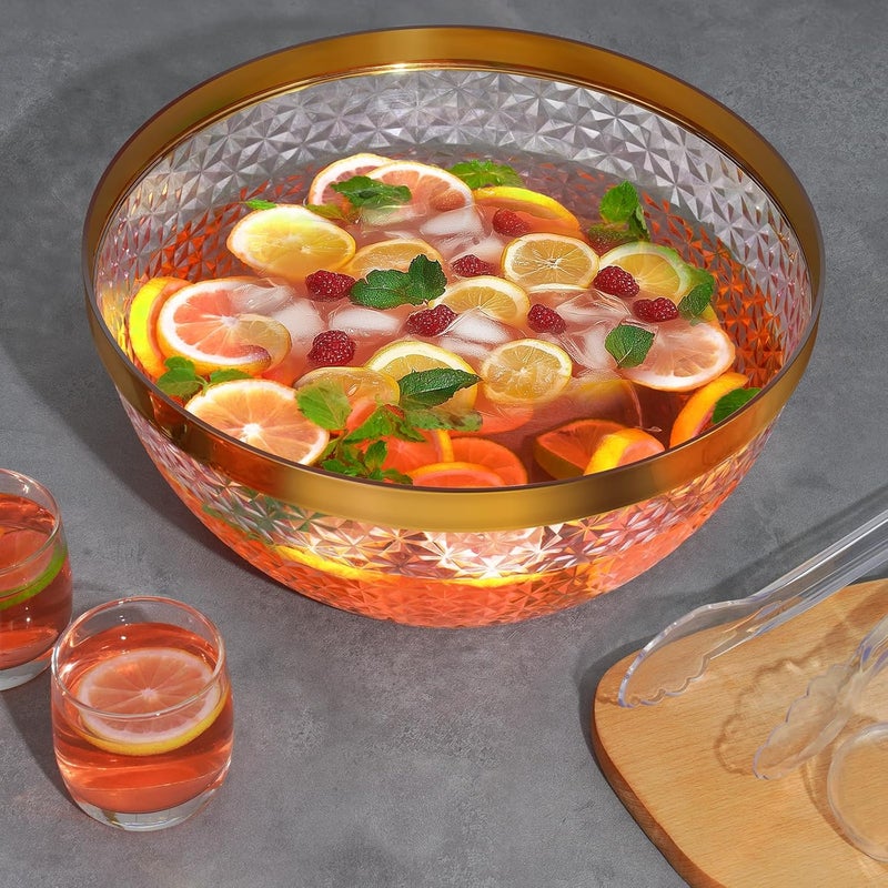 NiHome Gold Trim Clear Plastic Punch Bowl with Ladle and Tong for Parties, Weddings, BBQs, 1.4 Gallon Beverage Serving Bowl Complete Set for Cocktails, Salads, Snacks, Easy to Clean (Set of 2) - Image 2