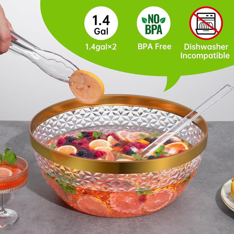 NiHome Gold Trim Clear Plastic Punch Bowl with Ladle and Tong for Parties, Weddings, BBQs, 1.4 Gallon Beverage Serving Bowl Complete Set for Cocktails, Salads, Snacks, Easy to Clean (Set of 2) - Image 3