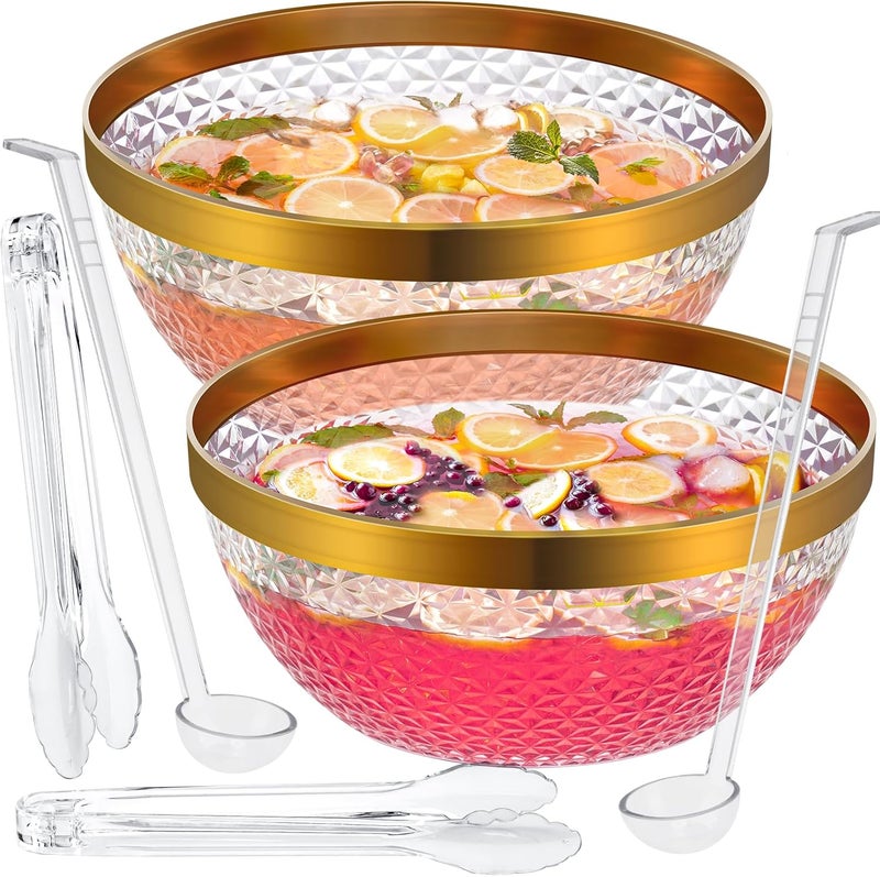 NiHome Gold Trim Clear Plastic Punch Bowl with Ladle and Tong for Parties, Weddings, BBQs, 1.4 Gallon Beverage Serving Bowl Complete Set for Cocktails, Salads, Snacks, Easy to Clean (Set of 2) - Image 1