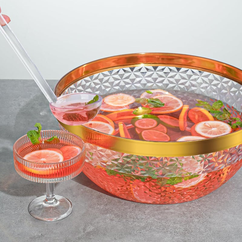 NiHome Gold Trim Clear Plastic Punch Bowl with Ladle and Tong for Parties, Weddings, BBQs, 1.4 Gallon Beverage Serving Bowl Complete Set for Cocktails, Salads, Snacks, Easy to Clean (Set of 2) - Image 5