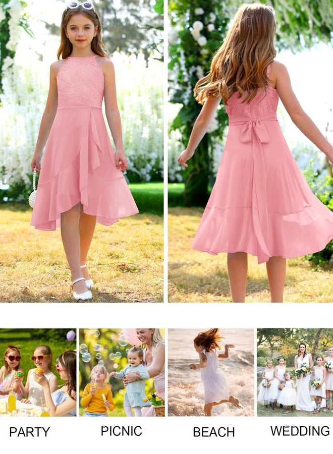 MITILLY Girls Lace Flower Ruffle Dress Chiffon Halter A Line High Low Flowy Junior Bridesmaid Dresses for Wedding Party, Pink, 12 Years - Image 5
