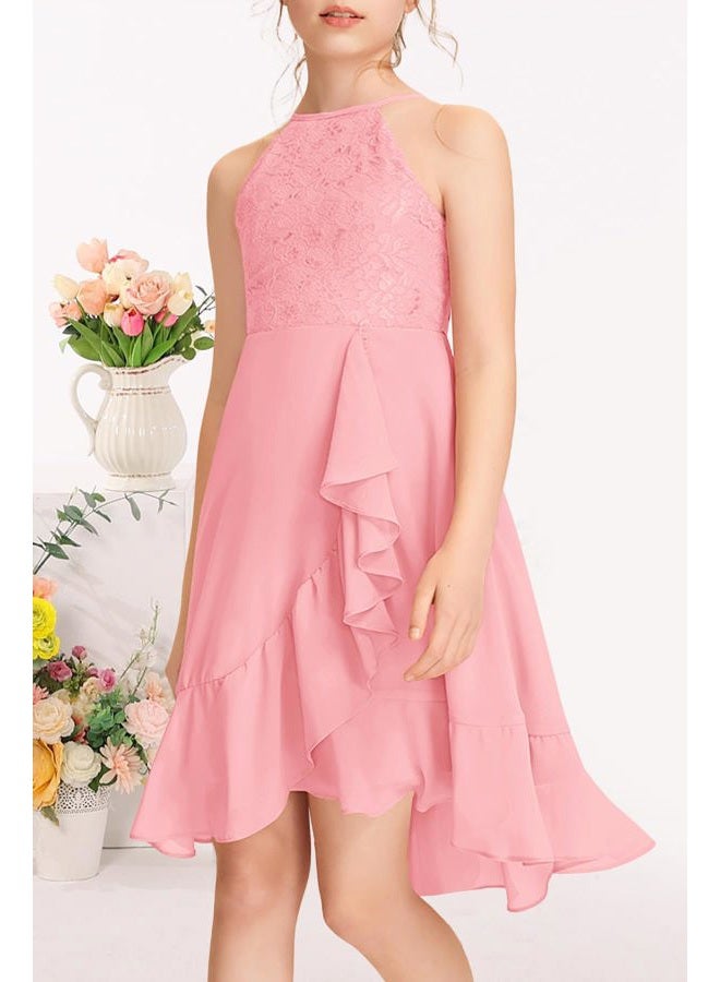 MITILLY Girls Lace Flower Ruffle Dress Chiffon Halter A Line High Low Flowy Junior Bridesmaid Dresses for Wedding Party, Pink, 12 Years - Image 3