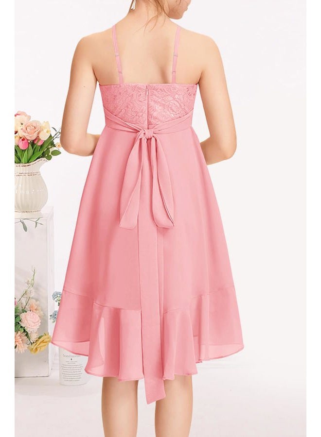 MITILLY Girls Lace Flower Ruffle Dress Chiffon Halter A Line High Low Flowy Junior Bridesmaid Dresses for Wedding Party, Pink, 12 Years - Image 4