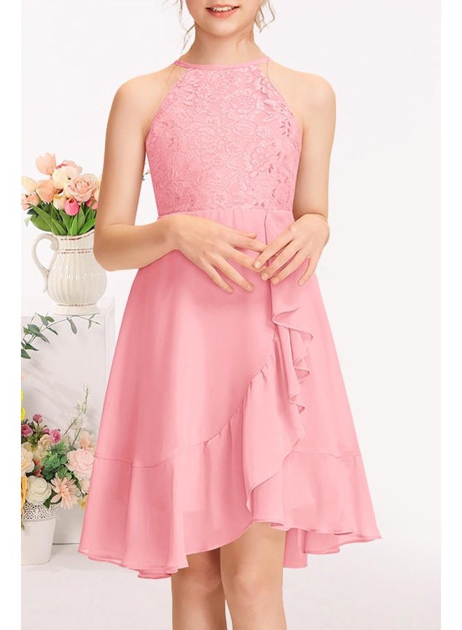 MITILLY Girls Lace Flower Ruffle Dress Chiffon Halter A Line High Low Flowy Junior Bridesmaid Dresses for Wedding Party, Pink, 12 Years - Image 2
