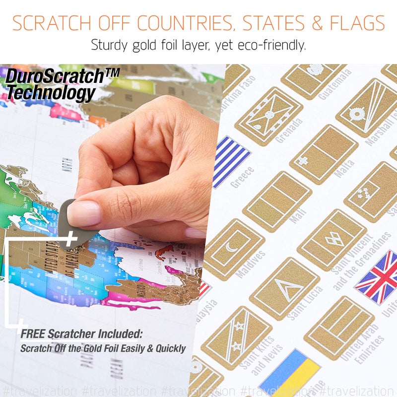 Travelization خريطة العالم القابلة للخدش Travelization XL مع 196 علم دولي 36" × 24" خريطة سفر قابلة للإطار بألوان زاهية وطلاء ذهبي فاخر، متتبع للأماكن الجميلة التي تمت زيارتها للمسافرين، أبيض - Image 4