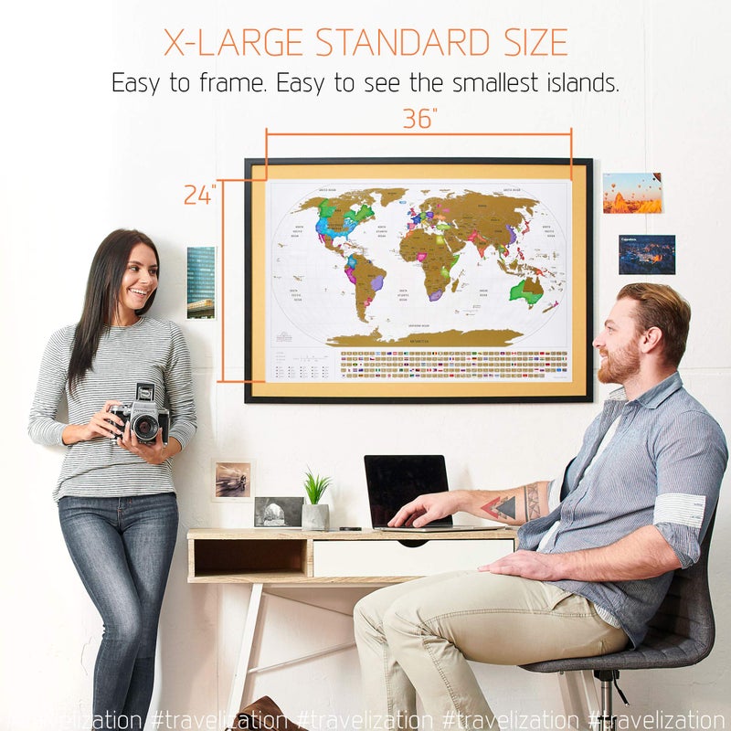 Travelization خريطة العالم القابلة للخدش Travelization XL مع 196 علم دولي 36" × 24" خريطة سفر قابلة للإطار بألوان زاهية وطلاء ذهبي فاخر، متتبع للأماكن الجميلة التي تمت زيارتها للمسافرين، أبيض - Image 3
