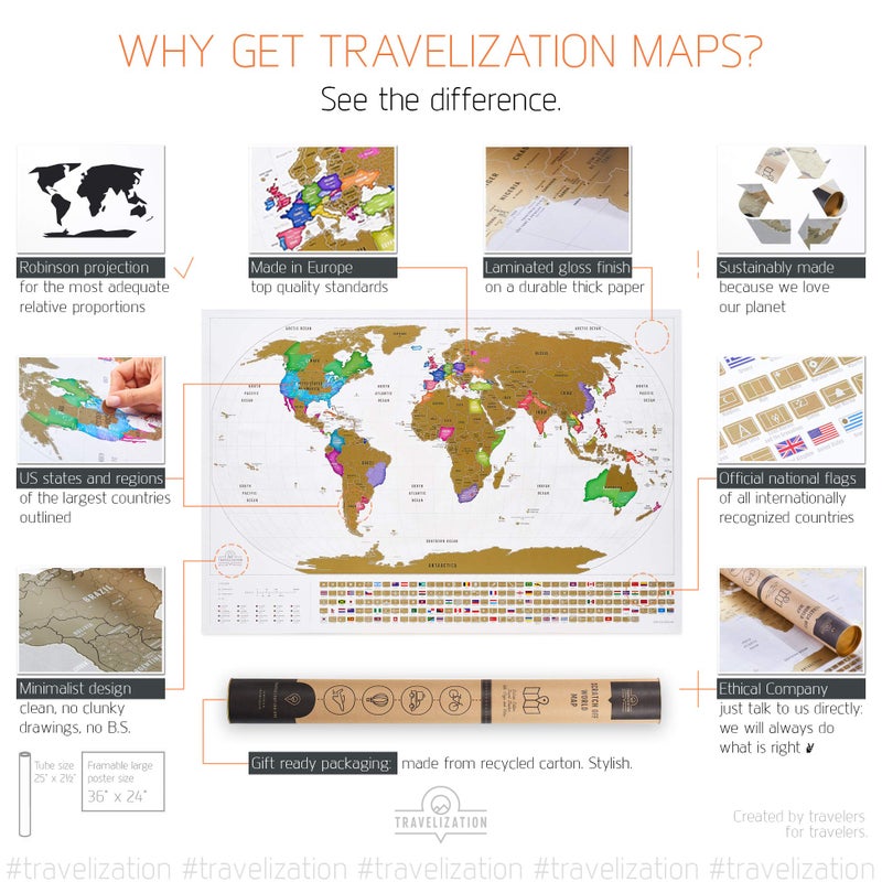 Travelization خريطة العالم القابلة للخدش Travelization XL مع 196 علم دولي 36" × 24" خريطة سفر قابلة للإطار بألوان زاهية وطلاء ذهبي فاخر، متتبع للأماكن الجميلة التي تمت زيارتها للمسافرين، أبيض - Image 5