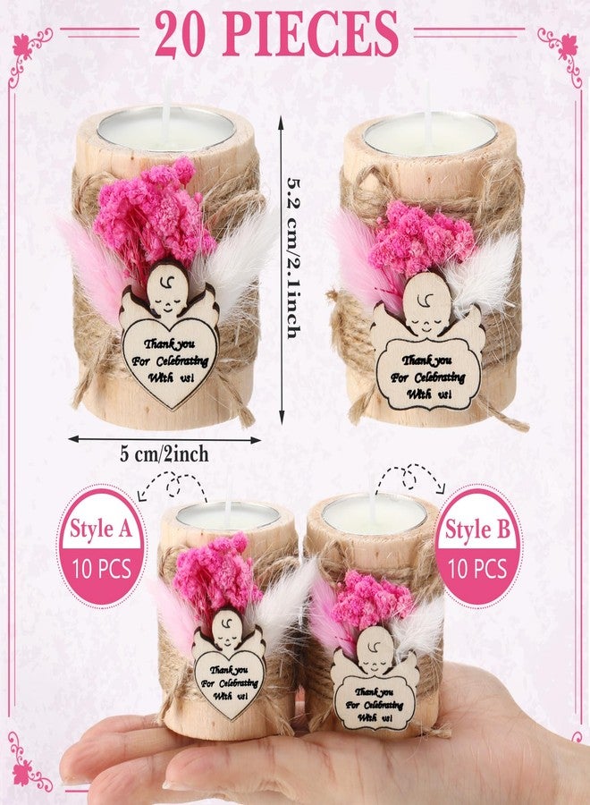 MTLEE 20 مجموعة من شموع المعمودية للضيوف حوامل شموع خشبية مع شموع تيلايت بطاقات وصناديق هدايا للمعمودية حفل زفاف حفلة استحمام الأطفال تذكارات (وردي، طفل) - Image 2